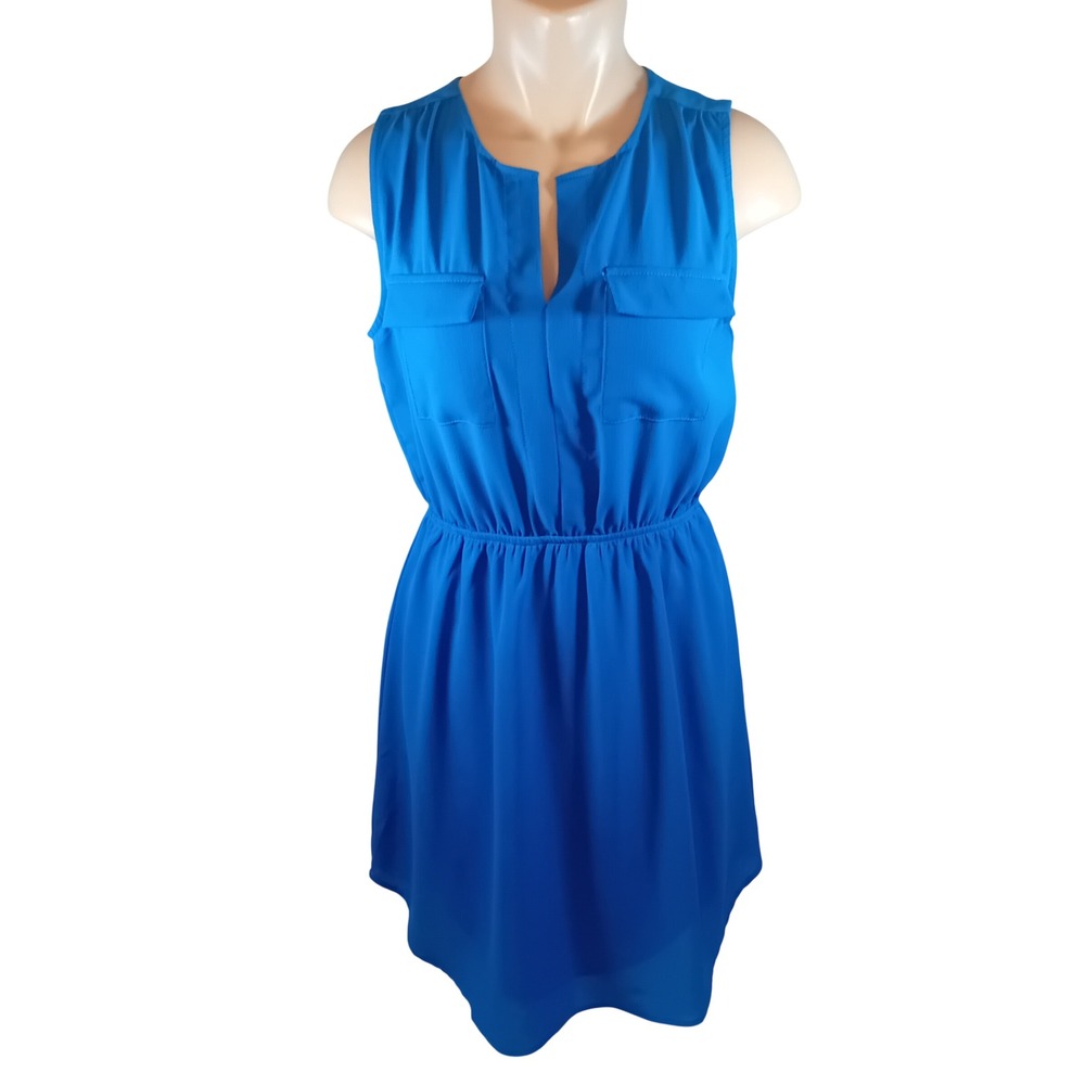 Monteau Los Angeles Sleeveless Ruched Pocket Dress Royal Blue Boho Office Wear L